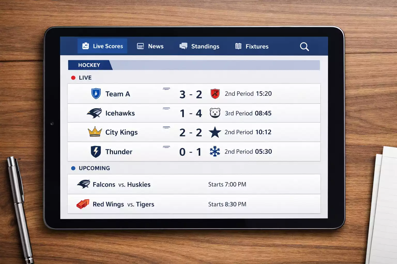 Přehledné rozhraní hokejové livescore aplikace s výsledky zápasů