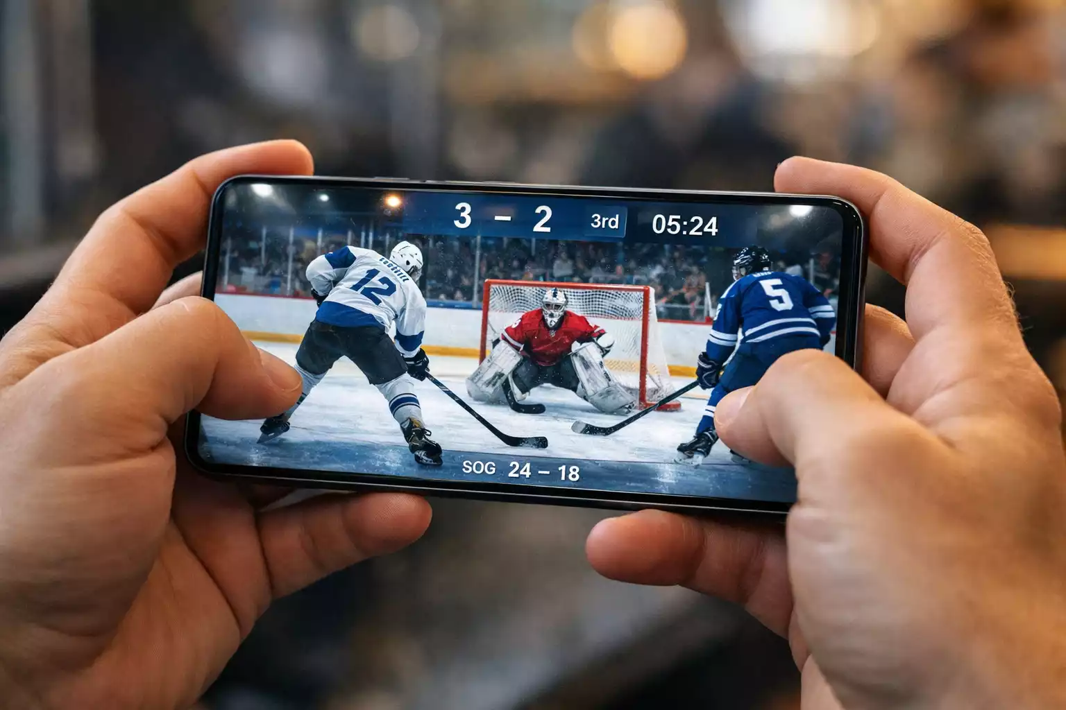 Sledování hokejového zápasu na mobilním telefonu s live statistikami