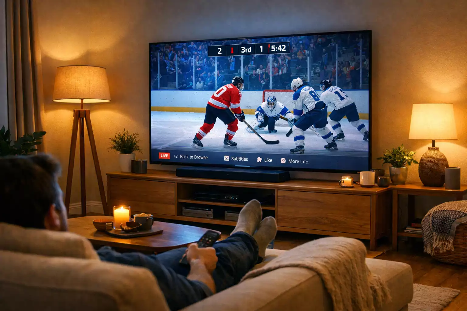 Moderní obývací pokoj s chytrou televizí zobrazující NHL stream