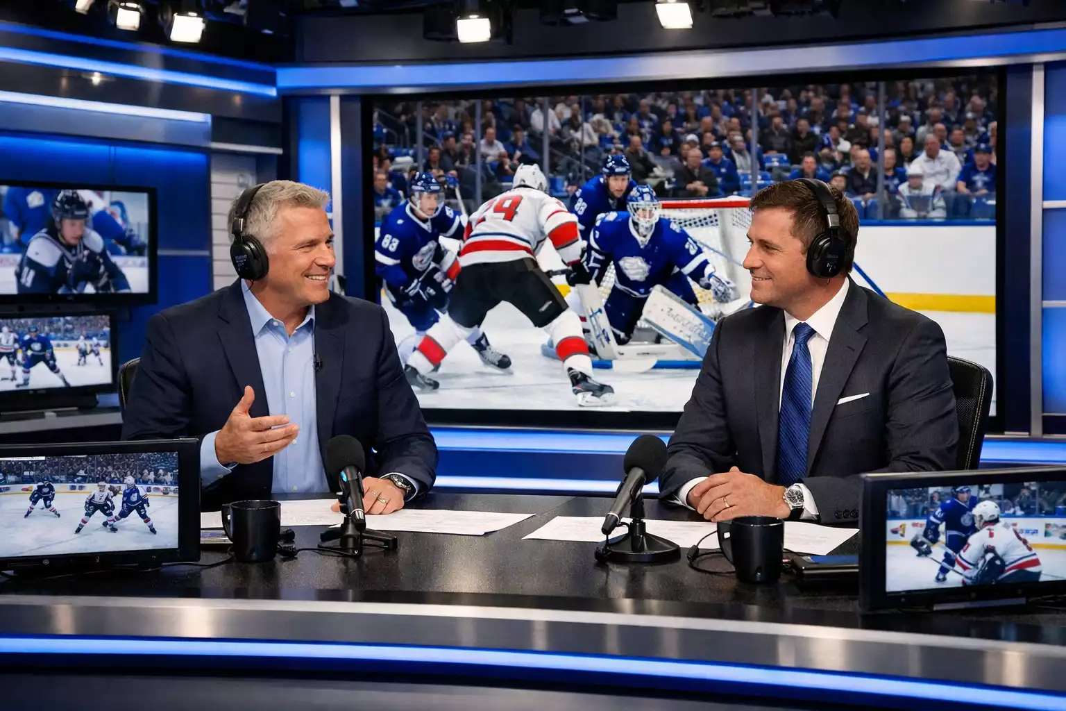 Profesionální televizní studio s komentátory analyzujícími NHL zápas